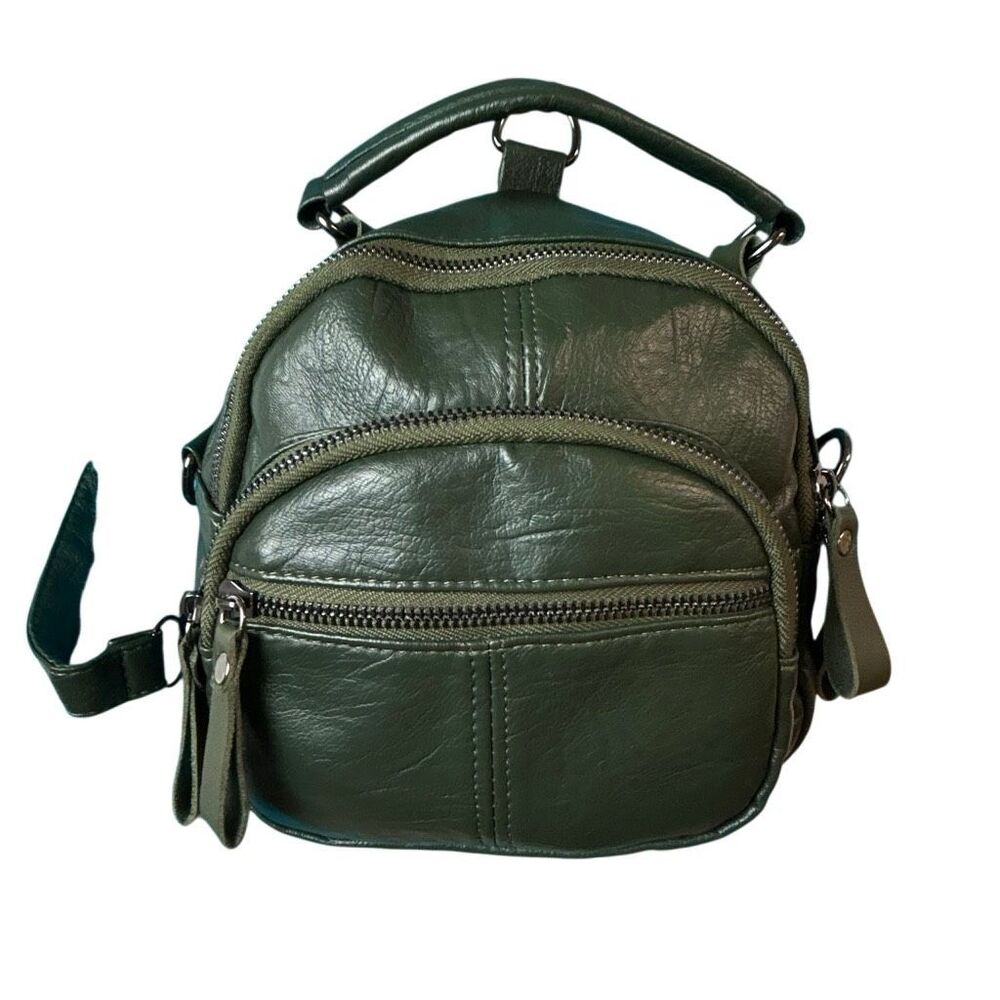 Mini Green Backpack Crossbody Convertible Bag Multi Pocket Faux Leather